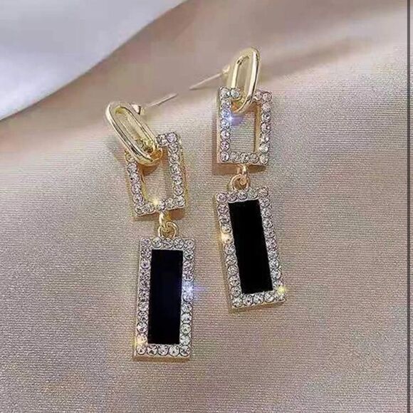 925 Silver Rhinestone Geometric Square Gold black earrings - Picture 1 of 8